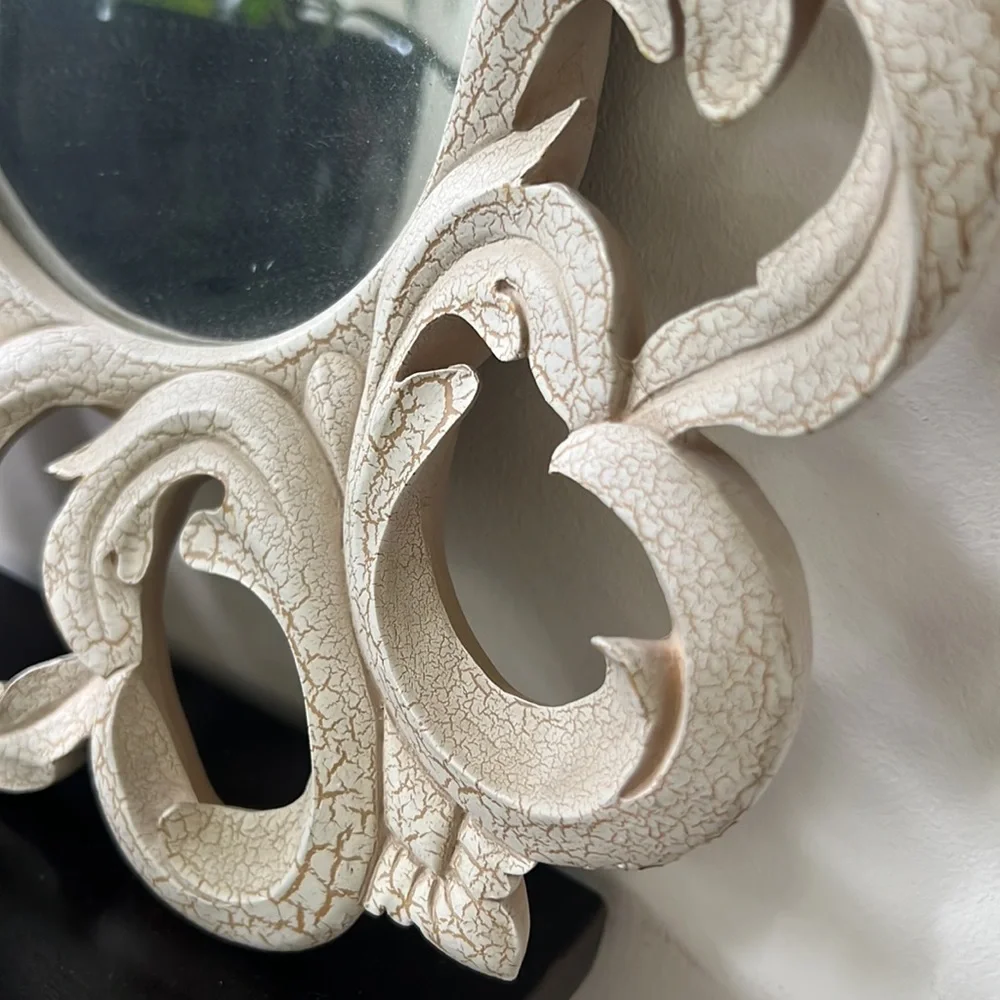 Pair of (2) cream cast plaster Vintage round wall mirrors baroque crackle EUC